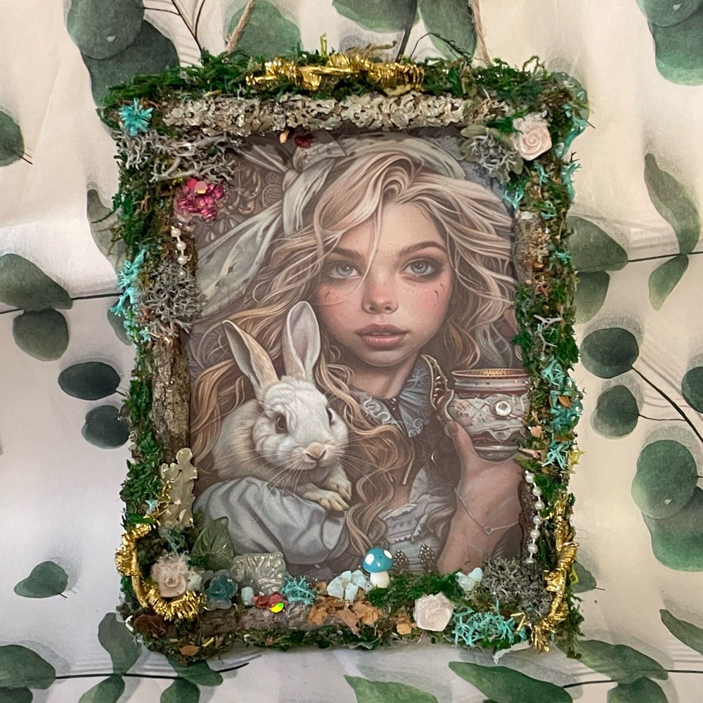 Charming Alice and Rabbit Print with Green moss, gold accents - wall hanging